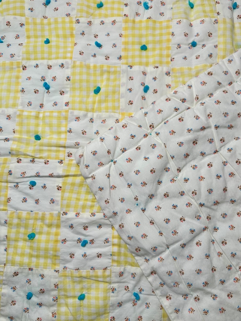 Vintage Baby Quilt | Handmade Patchwork | Yellow Gingham Floral | Crib Blanket - Picture 3 of 8